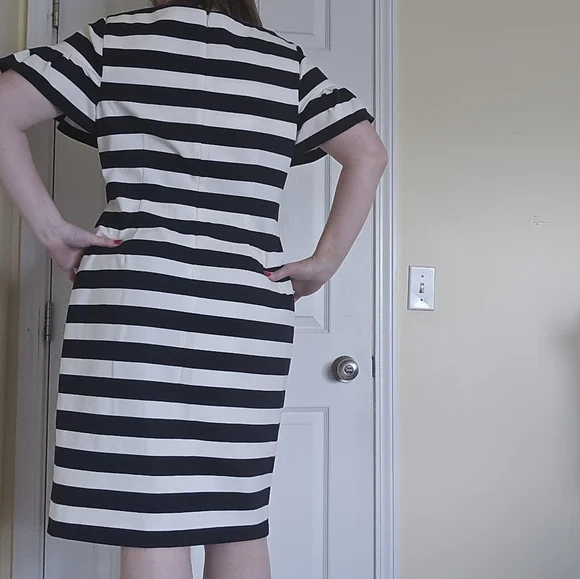 Eliza J Navy and White Striped Ruffle Midi Dress 16 Sheath Dress - Picture 5 of 8